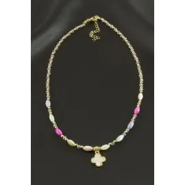 Çiçek Sedef Cam Boncuk Kristal Kolye-Sarı