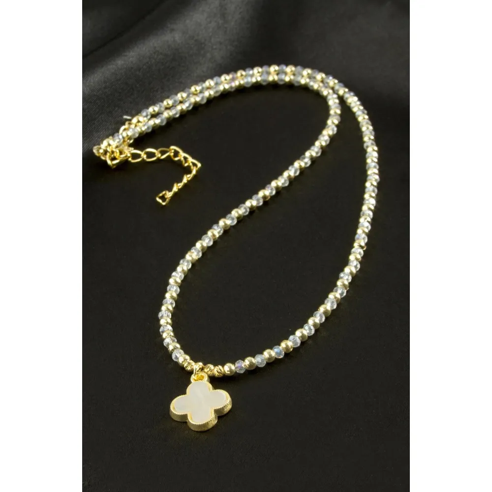 Çiçek Sedef Kristal Kolye-Sarı