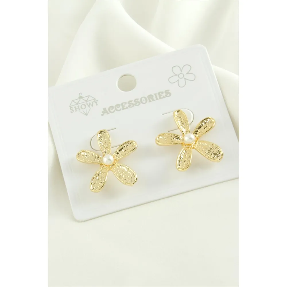 Çiçek İnci Trend Metal Küpe-Sarı