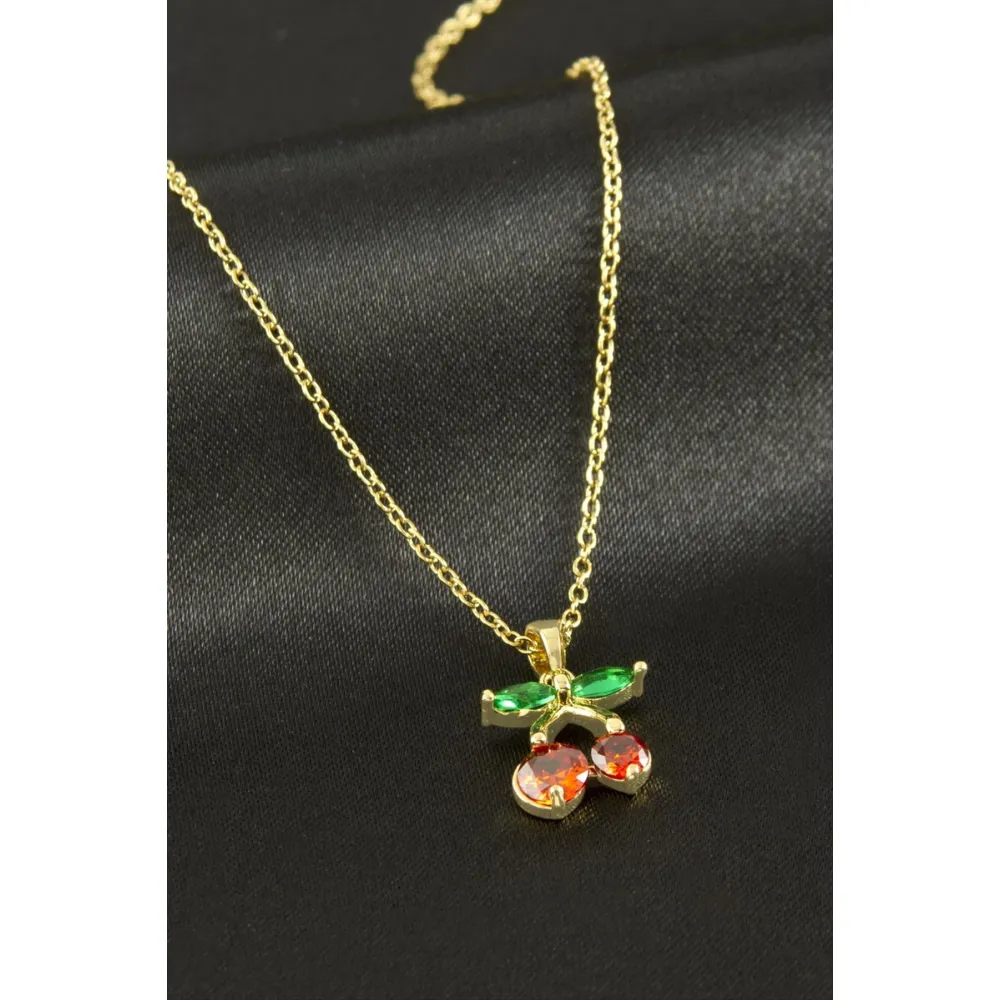 Kiraz Zirkon Taşlı Çelik Kolye-Sarı