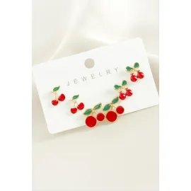 6 Adet Kiraz Mineli Metal Küpe-Kırmızı