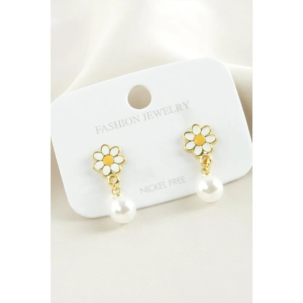 Papatya Mineli İnci Küpe-Sarı