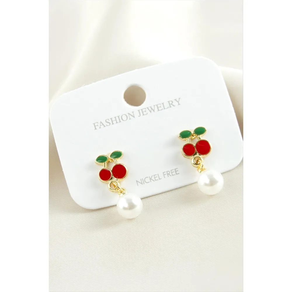 Kiraz Mineli İnci Küpe-Kırmızı