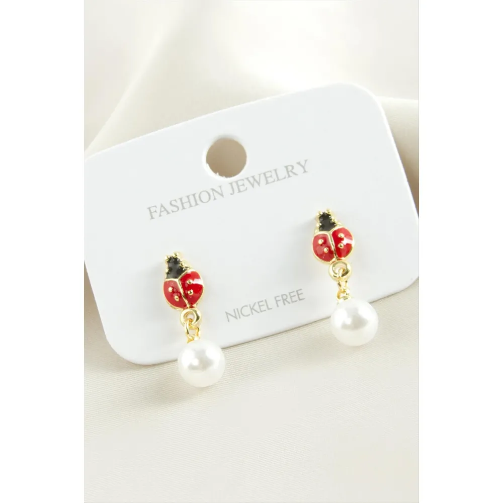 Uğur Böceği Mineli İnci Küpe-Sarı