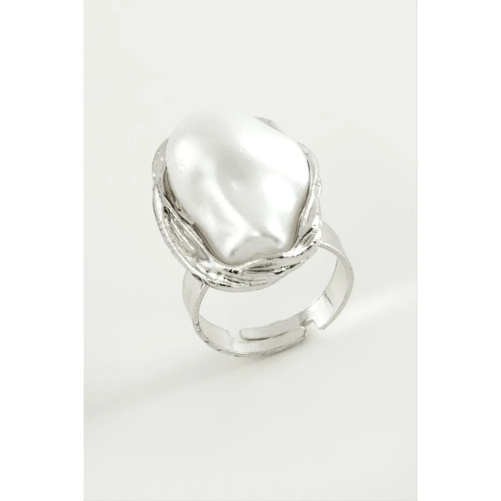 Oval İnci Metal Yüzük-Sarı