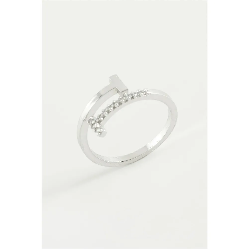 Çivi Zirkon Taşlı Yüzük-Gümüş Rengi