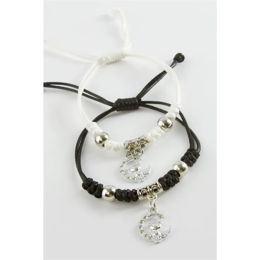 2 Adet Ayıcık Zirkon Taşlı Lüks İp Bileklik-Siyah