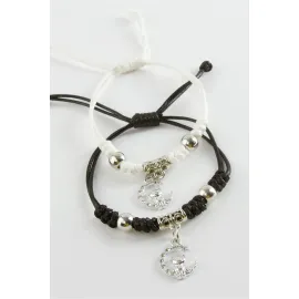 2 Adet Ayıcık Zirkon Taşlı Lüks İp Bileklik-Siyah