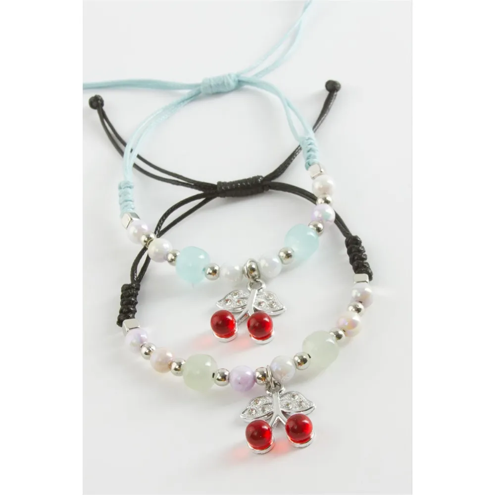 2 Adet Kiraz Zirkon Taşlı Lüks İp Bileklik-Kırmızı