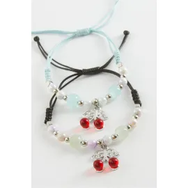 2 Adet Kiraz Zirkon Taşlı Lüks İp Bileklik-Kırmızı