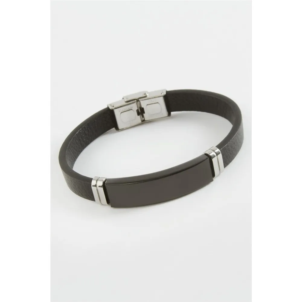 İsim Yazılabilir Deri Çelik Bileklik-Siyah