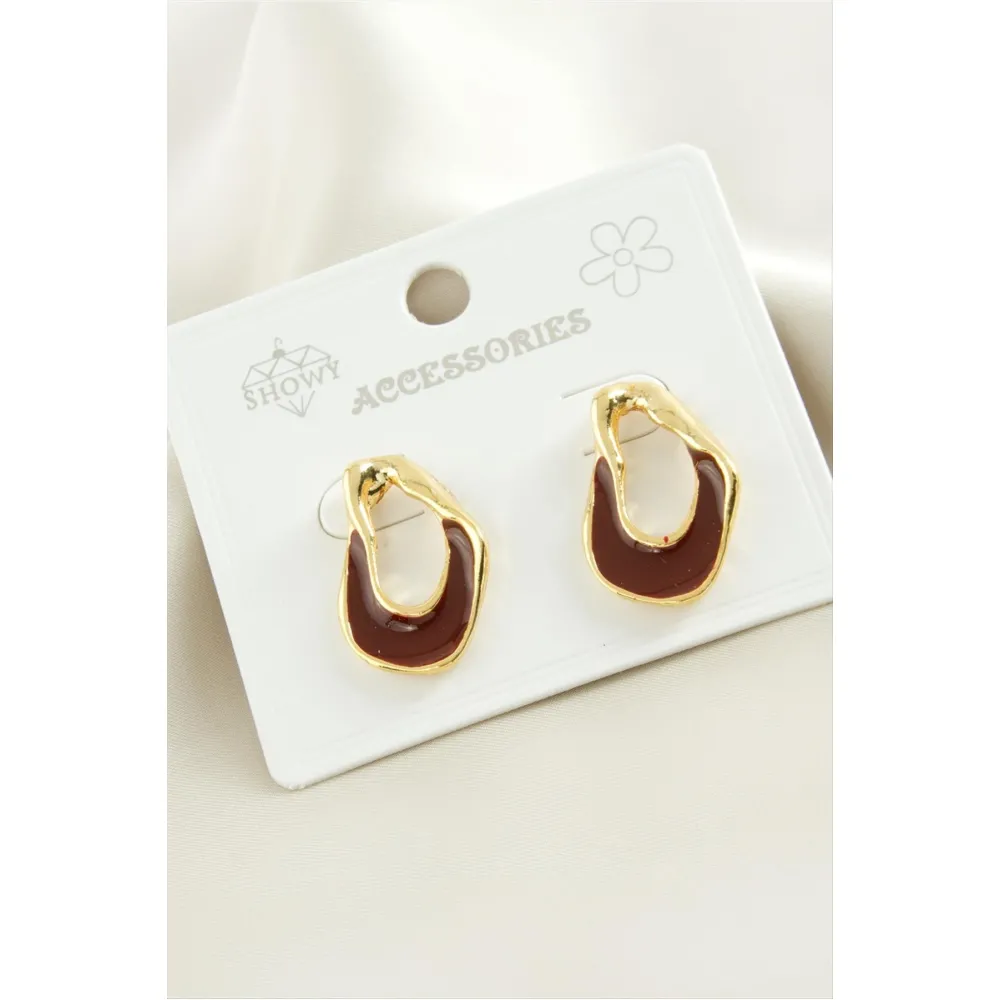 Oval Mineli Metal Küpe-Bordo