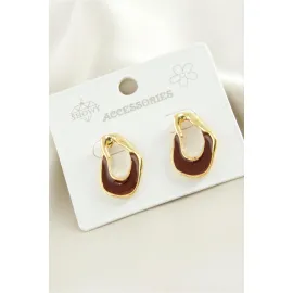 Oval Mineli Metal Küpe-Bordo