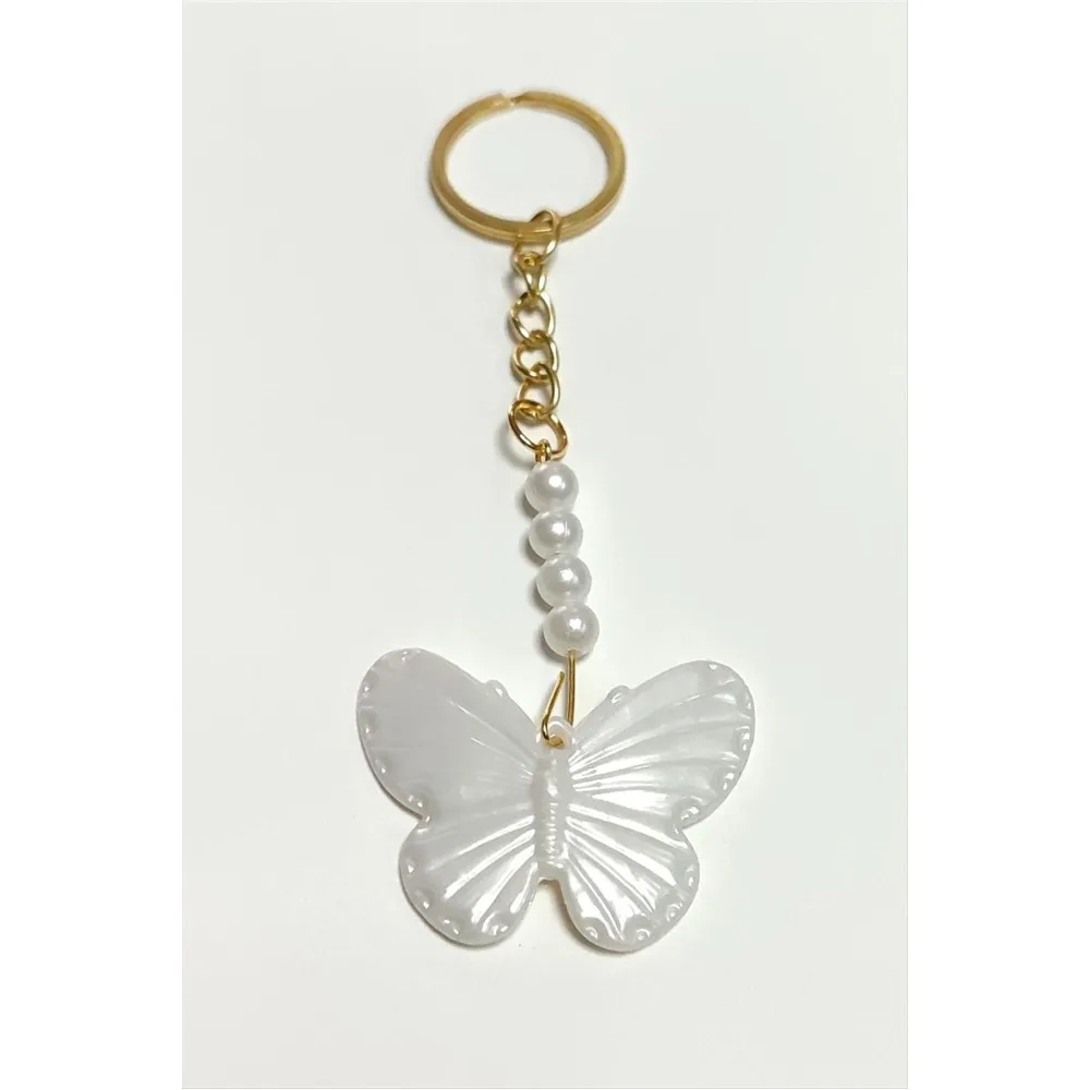 Kelebek İnci Anahtarlık-Beyaz