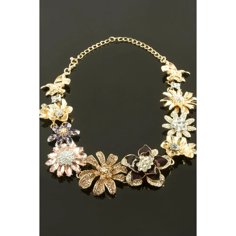 Çiçek Taşlı Lüks Yaka Kolye-Sarı