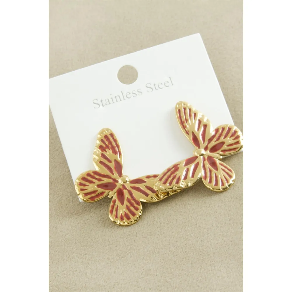 Kelebek Mineli Lüks Çelik Küpe-Kırmızı