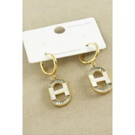 Oval Zirkon Taşlı Lüks Çelik Küpe-Sarı