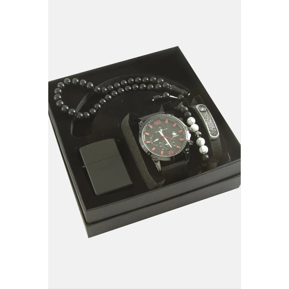 Kayışlı Kol Saati Tesbih Bileklik ve Çakmak Kutulu Set-Siyah