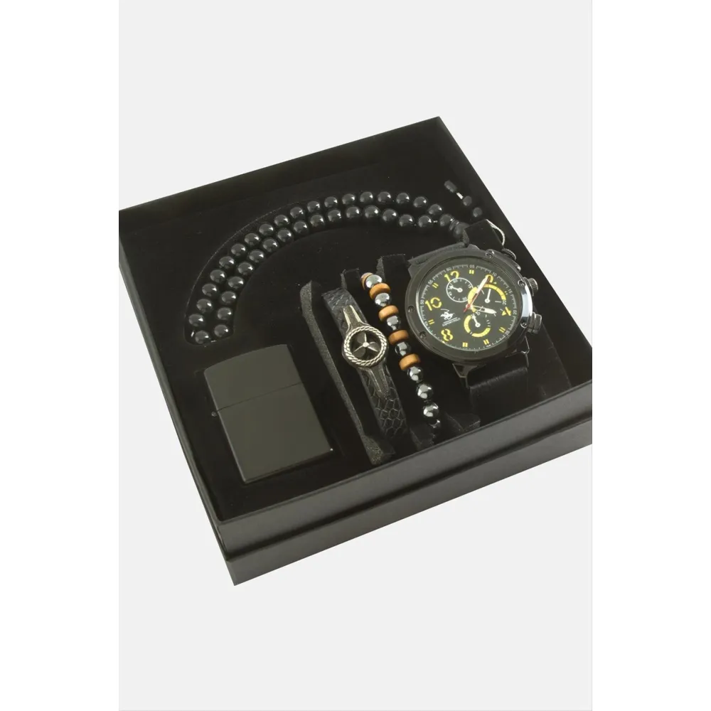 Kayışlı Kol Saati Tesbih Bileklik ve Çakmak Kutulu Set-Siyah