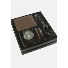 Kayışlı Kol Saati Tesbih Bileklik ve Cüzdan Kutulu Set-Kahverengi