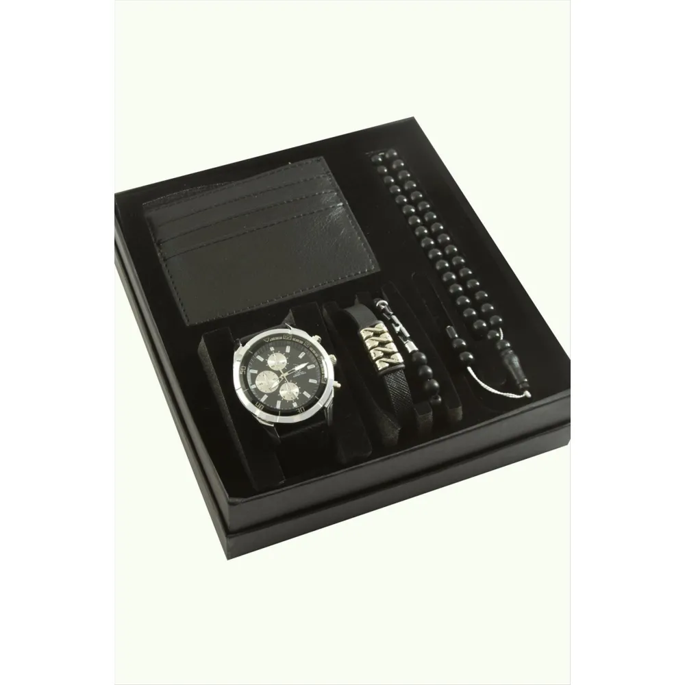 Kayışlı Kol Saati Tesbih Bileklik ve Cüzdan Kutulu Set-Siyah