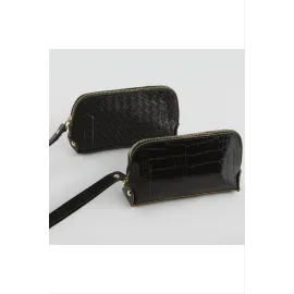 Karışık Desenli Siyah Dikdörtgen Deri Cüzdan-Siyah