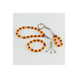 3' lü Doğal Taş Set Anahtarlık,Bileklik,Tesbih-Kırmızı