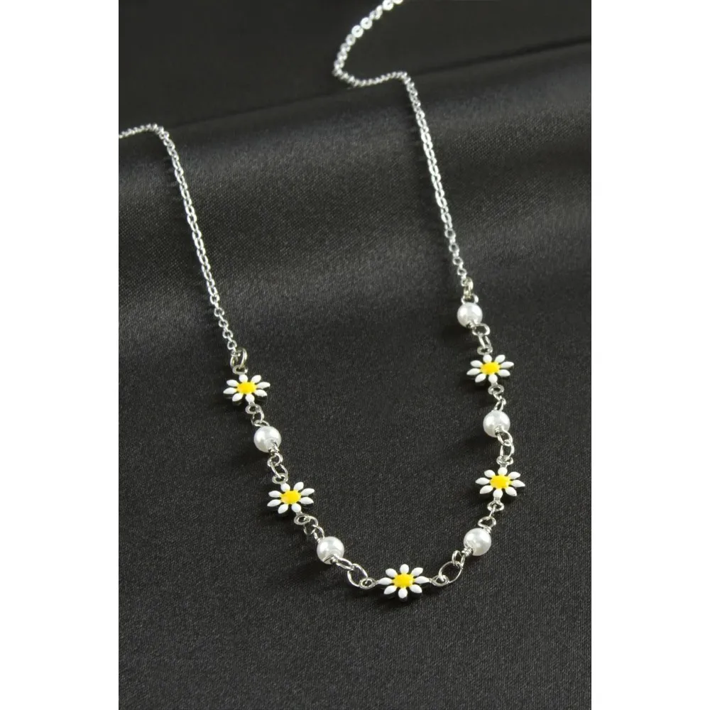 Papatya İnci Mineli Kolye-Gümüş Rengi