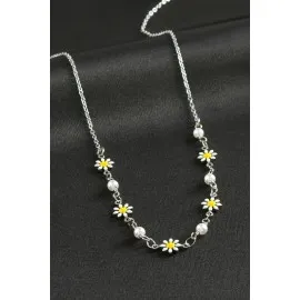 Papatya İnci Mineli Kolye-Gümüş Rengi