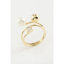 Yuvarlak İnci Metal Yüzük-Sarı