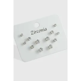 12 Adet Zirkon Tek Taşlı Küpe-Gümüş Rengi