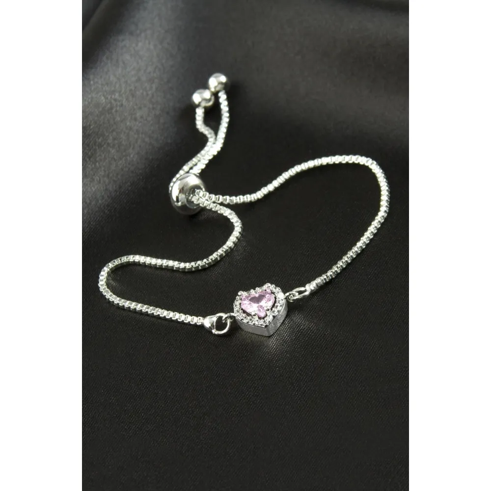 Kalp Zirkon Taşlı Asansörlü Bileklik  Ciddi İlişki Bilekliği-Açık Pembe
