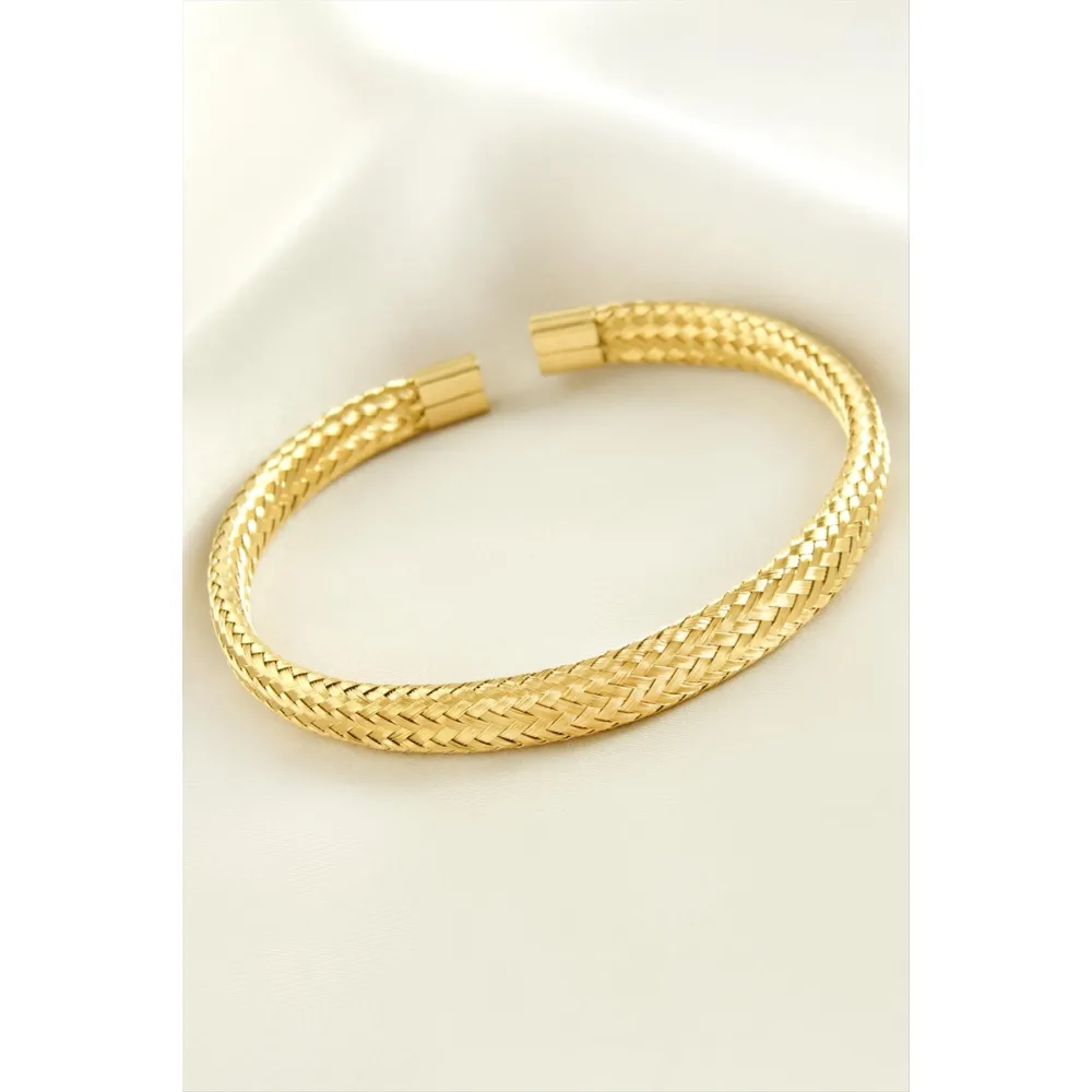 Örgülü Lüks Çelik Kelepçe Bileklik-Sarı