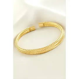 Örgülü Lüks Çelik Kelepçe Bileklik-Sarı