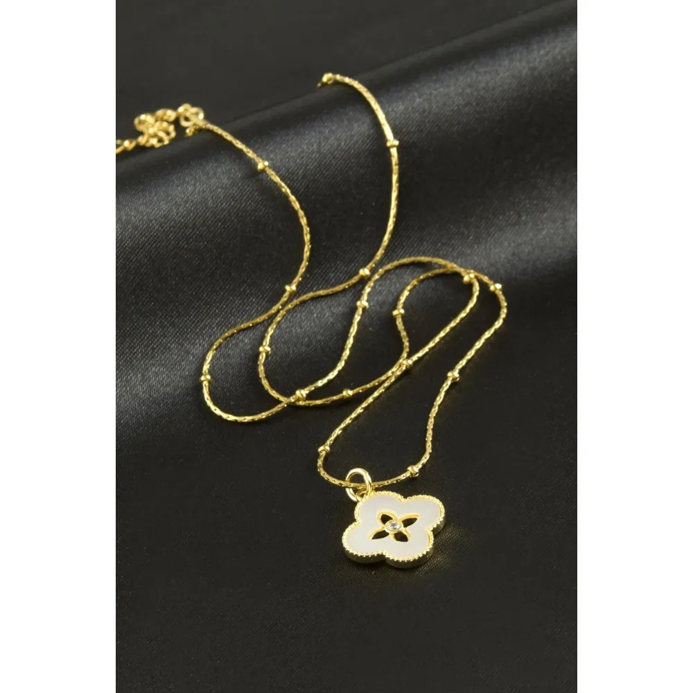 Çiçek Sedef Lüks Çelik Kolye-Gümüş Rengi