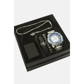 Metal Kayışlı Kol Saati Tesbih Bileklik ve Çakmak Kutulu Set-Gümüş Rengi