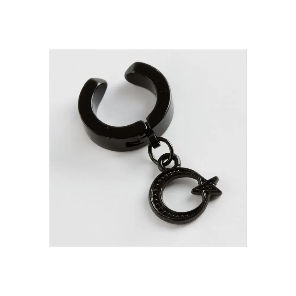 Ay Yıldız Mıknatıslı Çelik Erkek Küpe Kıstırmalı 1 Adet-Siyah