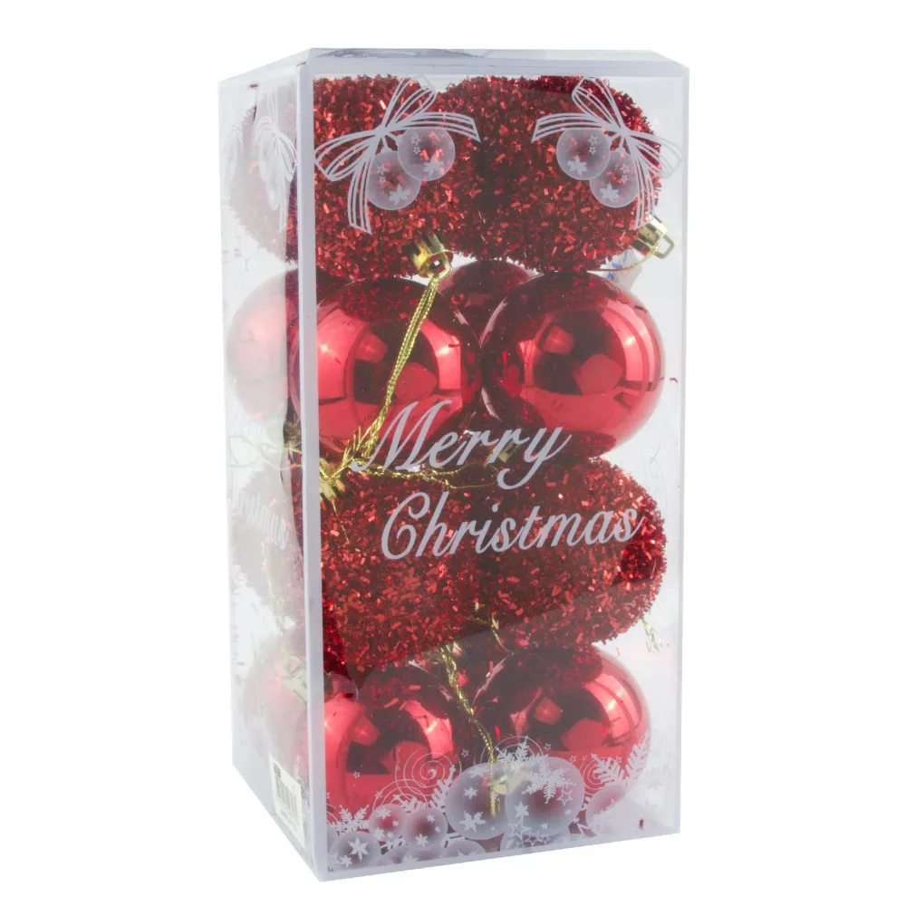 16 Adet Kırmızı Renkli Cici Top Yılbaşı Ağaç Süsü-Kırmızı