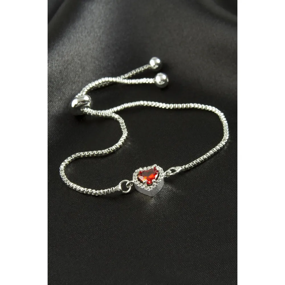 Kalp Zirkon Taşlı Asansörlü Bileklik  Ciddi İlişki Bilekliği-Kırmızı
