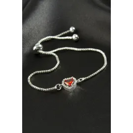 Kalp Zirkon Taşlı Asansörlü Bileklik  Ciddi İlişki Bilekliği-Kırmızı