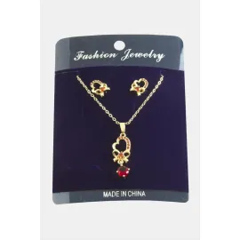 Kalp Fiyong Zirkon Taşlı Set Kolye-Kırmızı