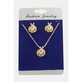 Gül Zirkon Taşlı Set Kolye-Yeşil