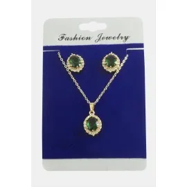 Oval Zirkon Taşlı Set Kolye-Siyah