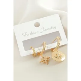 3 Adet Yıldız Zirkon Taşlı Küpe-Sarı