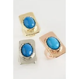 Dikdörtgen Turkuaz Taşlı Yüzük-Gümüş Rengi