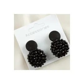 Düğme Kristal Küpe-Siyah