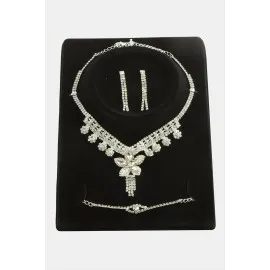 Çiçek Taşlı Lüks Set Kolye-Gümüş Rengi