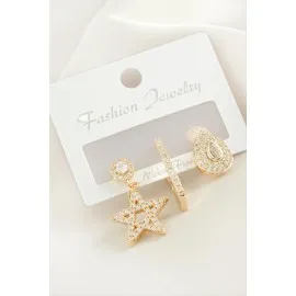 3 Adet Yıldız Zirkon Taşlı Küpe-Sarı