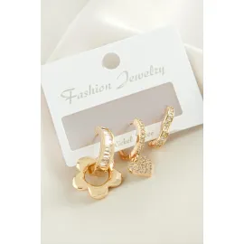 3 Adet Çiçek Zirkon Taşlı Küpe-Sarı