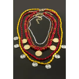 5 Adet Para Etnik Lüks Yaka Kolye-Kırmızı